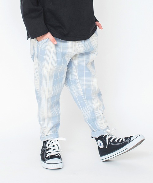 BRANSHES（ブランシェス）の「【23SS】ガーデナーテーパードパンツ/チェック柄（チノパンツ・キッズ・アイボリー/サックスブルー/ライトグリーン・90/130/100/120/160/140/110/150）」の3枚目の写真