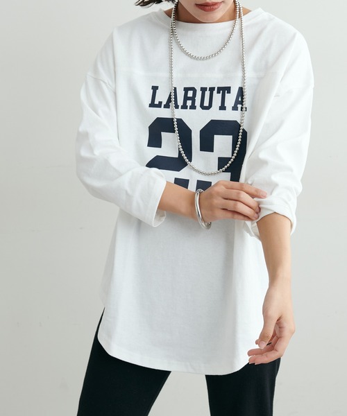 LARUTA(ラルータ)の「【LARUTA】 7分袖ロゴT(Tシャツ/カットソー・レディース・ベージュ/ネイビー/オフホワイト・FREE)」の4枚目の写真