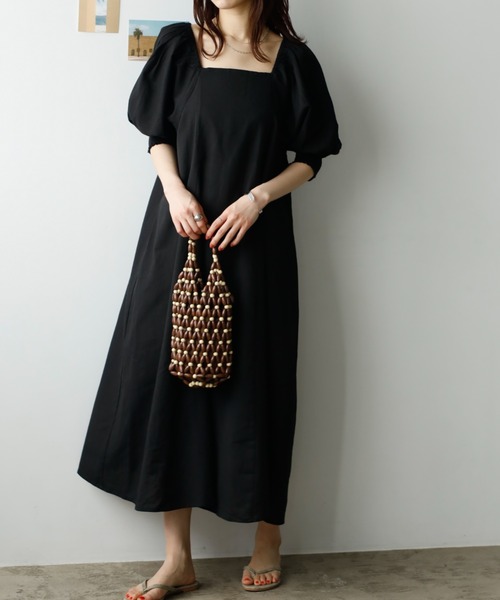 レディース ワンピース パフスリーブ 甘×黒 スクエアネック Lace Ladies スクエアネック パフスリーブ ロング ワンピース