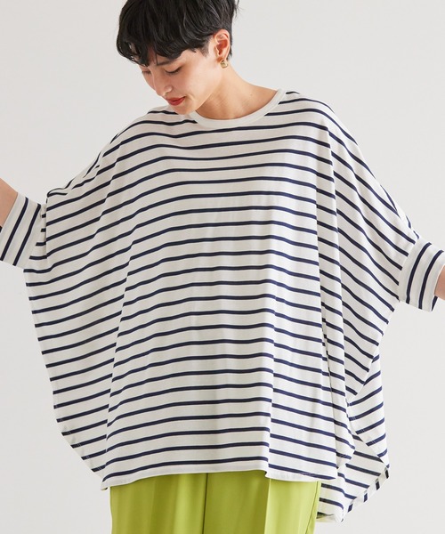 セール】ボーダーポンチョカットチュニック（Tシャツ/カットソー