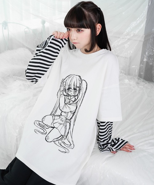 ★ELF SACK ★アニマルプリント ボーダー Ｔシャツ/送料込 ボーダードッキングイラストT（Tシャツ/カットソー）｜Pal elfy