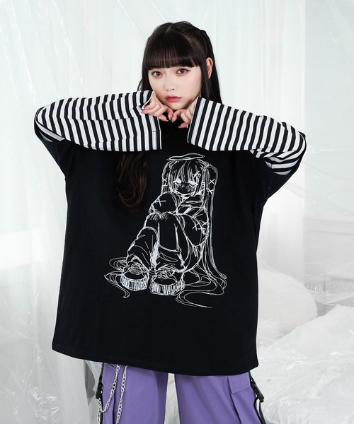 ★ELF SACK ★アニマルプリント ボーダー Ｔシャツ/送料込 ボーダードッキングイラストT（Tシャツ/カットソー）｜Pal elfy