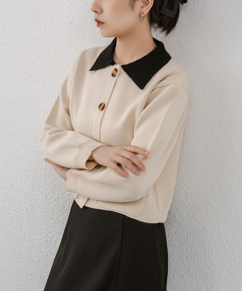 MAISON DE THERESE（メゾン ド テレーズ）の「バイカラーボタン付きカーディガン（カーディガン/ボレロ・レディース・ブルー/グリーン/ベージュ・M）」の2枚目の写真