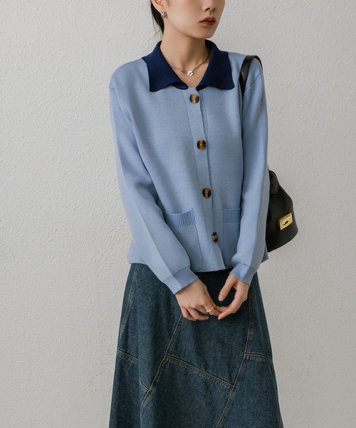 MAISON DE THERESE（メゾン ド テレーズ）の「バイカラーボタン付きカーディガン（カーディガン/ボレロ・レディース・ブルー/グリーン/ベージュ・M）」の3枚目の写真