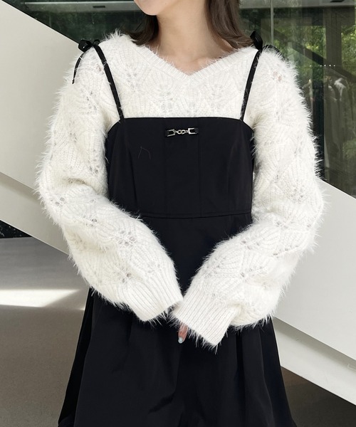 NICOLE CLUB(ニコル クラブ)の「前後2WAY透かし編みニットプルオーバー(ニット/セーター・レディース・グリーン/オフホワイト/サックスブルー・FREE)」の2枚目の写真