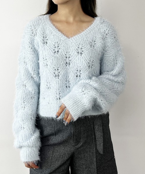 NICOLE CLUB(ニコル クラブ)の「前後2WAY透かし編みニットプルオーバー(ニット/セーター・レディース・グリーン/オフホワイト/サックスブルー・FREE)」の3枚目の写真