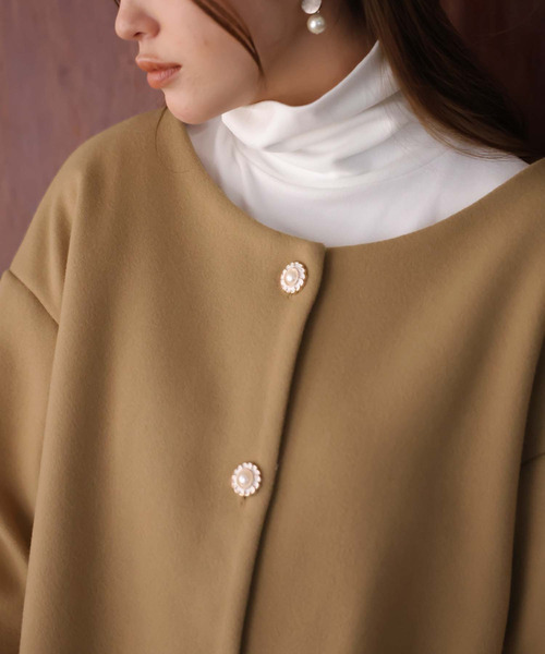 Girly Doll（ガーリードール）の「ノーカラーミドル丈コート（ノーカラーコート・レディース・ベージュ/ブラック/ブラウン/グレー/カーキ/モカ/パープル・M/L）」の20枚目の写真