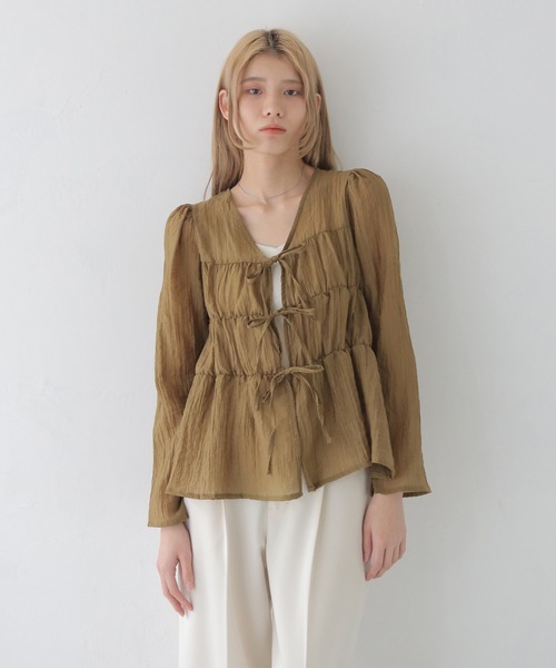 ブラウス シャツ 「CLEIO」リボンギャザーシアーブラウス レディース CLEIO】リボンギャザーシアーブラウス（シャツ/ブラウス