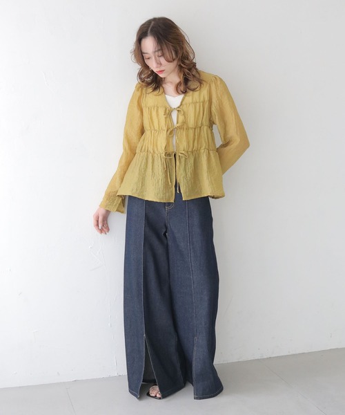 ブラウス シャツ 「CLEIO」リボンギャザーシアーブラウス レディース CLEIO】リボンギャザーシアーブラウス（シャツ/ブラウス