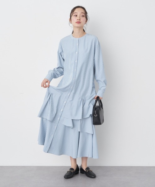 earth music&ecology（アースミュージックアンドエコロジー）の「イレギュラーヘムシャツワンピース（シャツワンピース・レディース・オフホワイト/ストライプ/サックスブルー系3・FREE）」の7枚目の写真