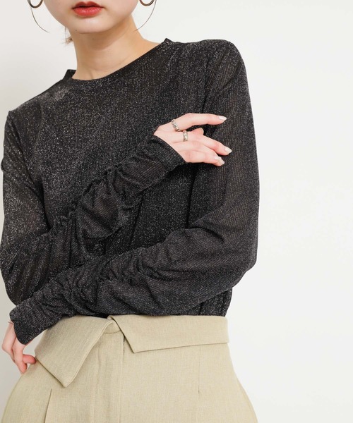 SENSE OF PLACE by URBAN RESEARCH（センスオブプレイスバイアーバンリサーチ）の「ラメリブロングTシャツ（Tシャツ/カットソー・レディース・ピンク/ブラック/オフホワイト・ONE）」の2枚目の写真