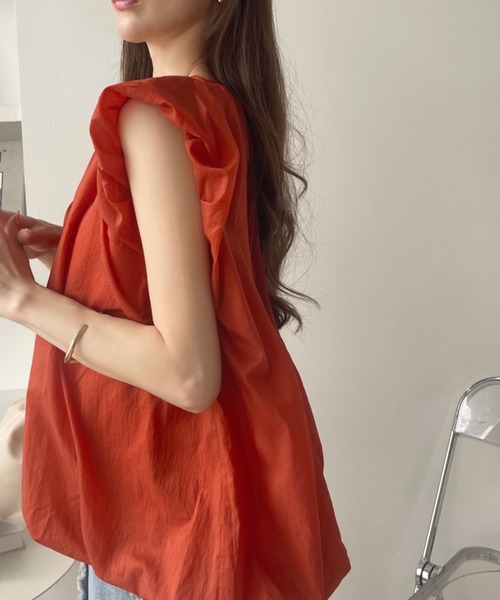 リヴドロワ バルーンシアーショートシャツ フレンチスリーブ F ブラウン 華やかシアーアイテム】バルーンシアーショートシャツ | RIVE