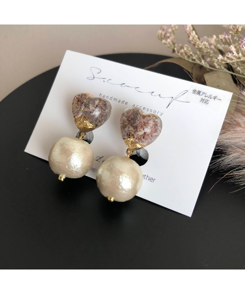 tone(トーン)の「【S.coeuf】金属アレルギー対応イヤリング プチハート×コットンパール(MA)(イヤリング・レディース・パープル/ピンク/ホワイト・FREE)」の5枚目の写真
