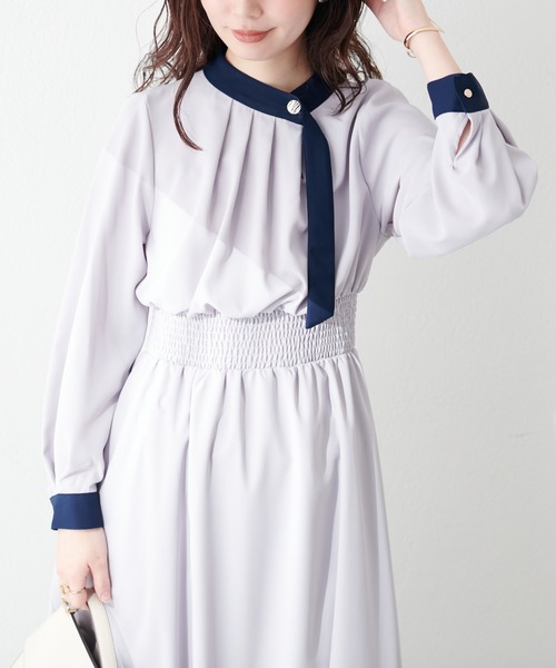 natural couture(ナチュラルクチュール)の「金釦アシメネックボータイワンピース(ワンピース・レディース・ネイビー/アイボリー/その他1/その他2/グレイッシュベージュ・FREE)」の15枚目の写真