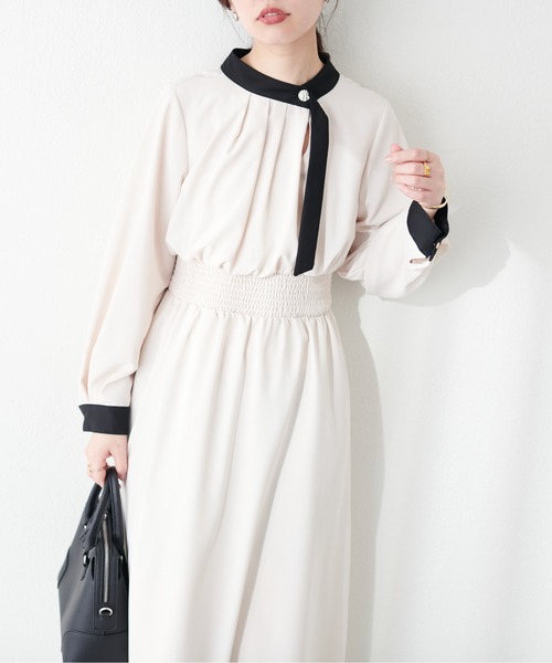natural couture(ナチュラルクチュール)の「金釦アシメネックボータイワンピース(ワンピース・レディース・ネイビー/アイボリー/その他1/その他2/グレイッシュベージュ・FREE)」の8枚目の写真