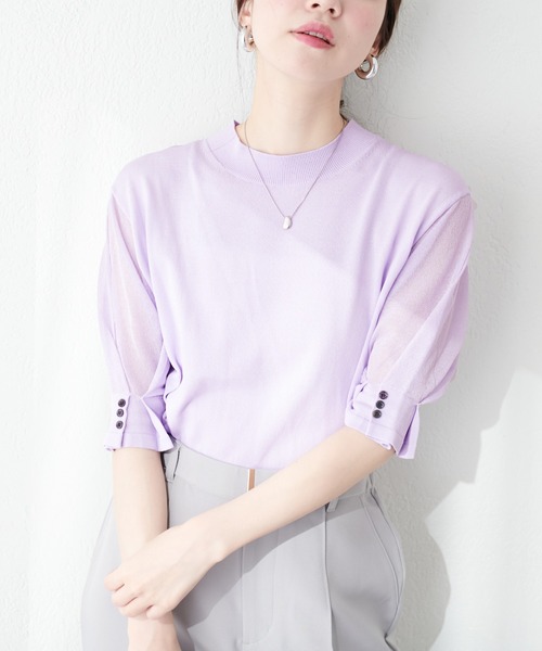 natural couture(ナチュラルクチュール)の「【WEB限定】袖シアー強撚ニット(ニット/セーター・レディース・ラベンダー/オフホワイト/グレイッシュベージュ/サックスブルー/ブラック/グリーン・FREE)」の6枚目の写真