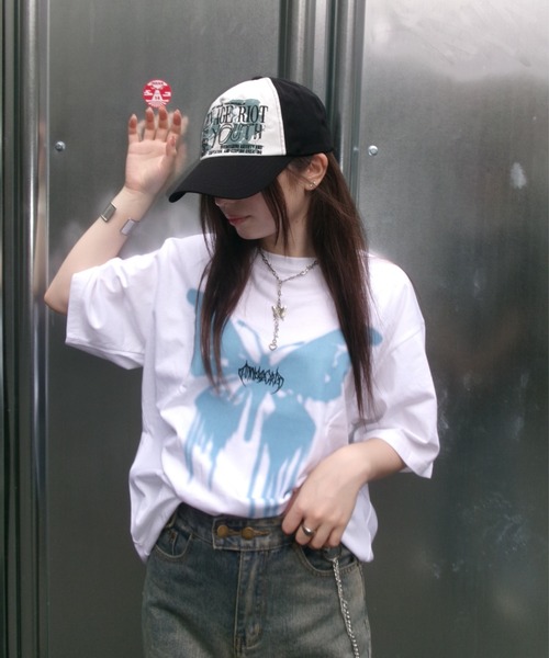 【MIM the wardrobe】BUTTERFLY T-SHIRT/バタフライ★韓国 Tシャツ バタフライ柄 クロップド丈 ショート丈 半袖 へそ出し