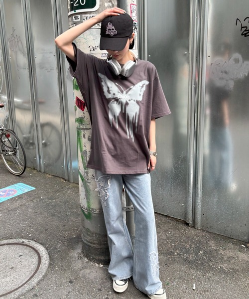 【mahagrid】24SS★ BUTTERFLY GOTH TEE BUTTERFLY GOTH TEE[CHARCOAL] - MAHAGRID