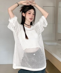 スター柄 ゆるメッシュ透かし編みクルーネックニットプルオーバー