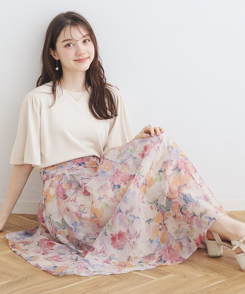 couture brooch（クチュールブローチ）の「◆【甘すぎない大人の花柄】Summerオーガンフルールスカート（スカート・レディース・ライトオレンジ系1/ライトグレー系/ライトパープル・36/38/40/42）」の3枚目の写真