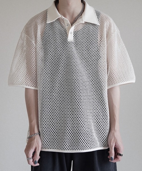 ポロシャツ メタルボタン ルーズトップ シャツ a45 MEN COOLDOTS ミニリップストップ 半袖シャツ キャメル 071442012