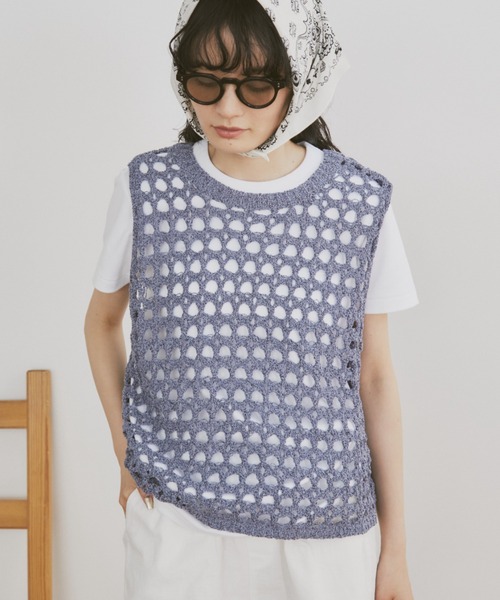 MERLOT（メルロー）の「メッシュ編みニットタンク（タンクトップ・レディース・ネイビー/ホワイト・FREE）」の2枚目の写真