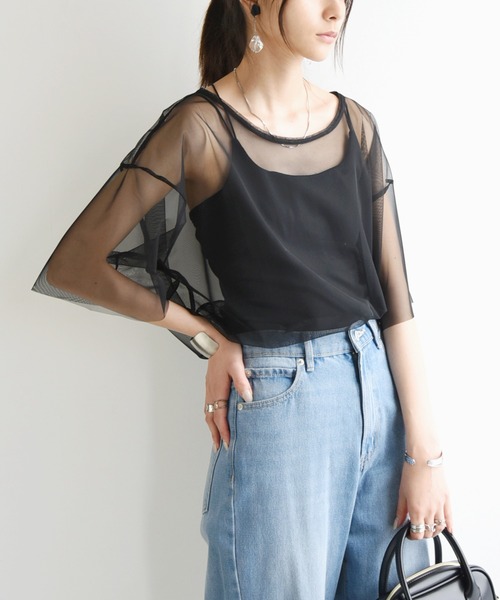 and it_(アンドイット)の「チュールレイヤードTシャツ(Tシャツ/カットソー・レディース・グレー/アイボリー/ブラック/チャコールグレー・M)」の3枚目の写真