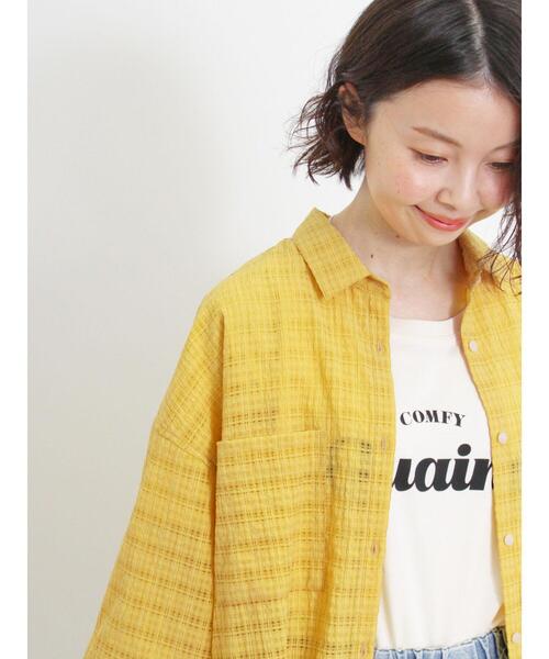 Samansa Mos2（サマンサ モスモス）の「シアーチェックドロストシャツ（シャツ/ブラウス・レディース・キナリ/ブラック/カーキ/イエロー・F）」の4枚目の写真