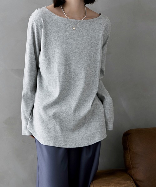 etoll.（エトル）の「ボートネックコットンロングスリーブリブT（Tシャツ/カットソー・レディース・ベージュ/ブラック/オフホワイト/杢グレー・L/LL/M/3L/4L）」の3枚目の写真