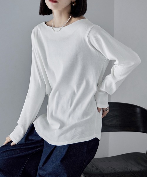 etoll.（エトル）の「ボートネックコットンロングスリーブリブT（Tシャツ/カットソー・レディース・ベージュ/ブラック/オフホワイト/杢グレー・L/LL/M/3L/4L）」の2枚目の写真