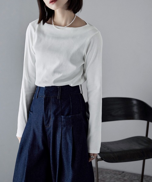 etoll.（エトル）の「ボートネックコットンロングスリーブリブT（Tシャツ/カットソー・レディース・ベージュ/ブラック/オフホワイト/杢グレー・L/LL/M/3L/4L）」の18枚目の写真