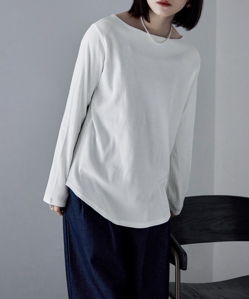 ボートネックコットンロングスリーブリブT（Tシャツ/カットソー