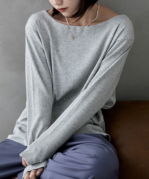 etoll.（エトル）の「ボートネックコットンロングスリーブリブT（Tシャツ/カットソー・レディース・ベージュ/ブラック/オフホワイト/杢グレー・L/LL/M/3L/4L）」の7枚目の写真