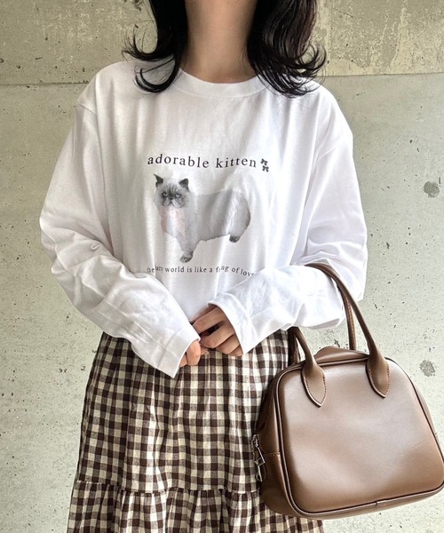 セール】ねこリボンプリントロングTシャツ（Tシャツ/カットソー