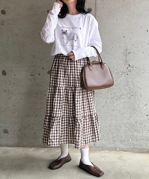 セール】ねこリボンプリントロングTシャツ（Tシャツ/カットソー