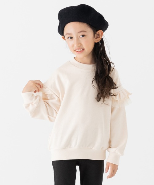 chil2（チルツー）の「肩チュールフリル 裏毛トレーナー（スウェット・キッズ・ブラック/スモークピンク/クリーム/ミント・120cm/100cm/110cm/90cm/150cm/140cm/130cm）」の2枚目の写真