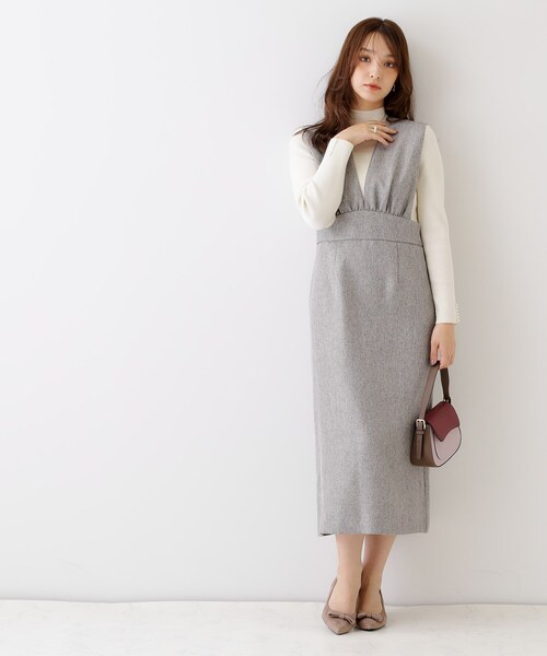 couture brooch（クチュールブローチ）の「◆【洗える・スッキリ見え最旬ワンピ】メランジヘリンボーンジャンスカ（ワンピース・レディース・チャコールグレー/ライトグレー・36/38/42）」の3枚目の写真