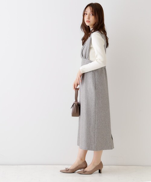 couture brooch（クチュールブローチ）の「◆【洗える・スッキリ見え最旬ワンピ】メランジヘリンボーンジャンスカ（ワンピース・レディース・チャコールグレー/ライトグレー・36/38/42）」の4枚目の写真