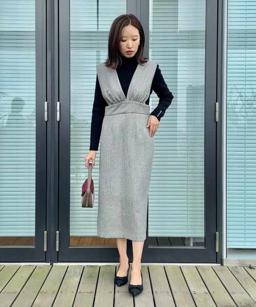 couture brooch（クチュールブローチ）の「◆【洗える・スッキリ見え最旬ワンピ】メランジヘリンボーンジャンスカ（ワンピース・レディース・チャコールグレー/ライトグレー・36/38/42）」の11枚目の写真