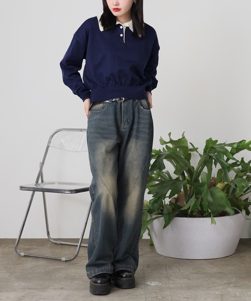 SINME バイカラー　ポロニット SINME バイカラーポロニット S21-AW-10-01 ブラック × ホ