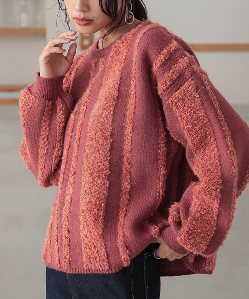 n'OrLABEL（ノアールレーベル）の「『ランダムパイルストライプニット』（ニット/セーター・レディース・オレンジ/ベージュ/グレー・FREE）」の3枚目の写真