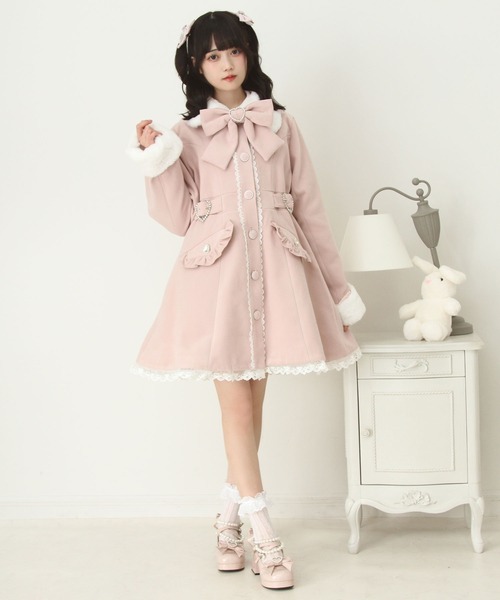 ハートたっぷりフリルAラインファーコート（ステンカラーコート