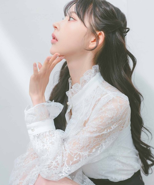 韓国 ワンピース レースライン フリルネック 長袖 白 可愛い セール】韓国ワンピース キャバドレス スタンドネックフリル