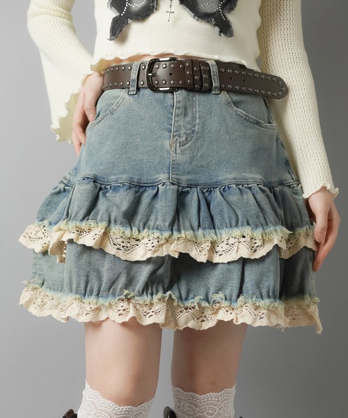 SPINNS（スピンズ）の「デニムティアードミニスカート/レース（デニムスカート・レディース・ブルー/ブラック・ONESIZE）」の4枚目の写真