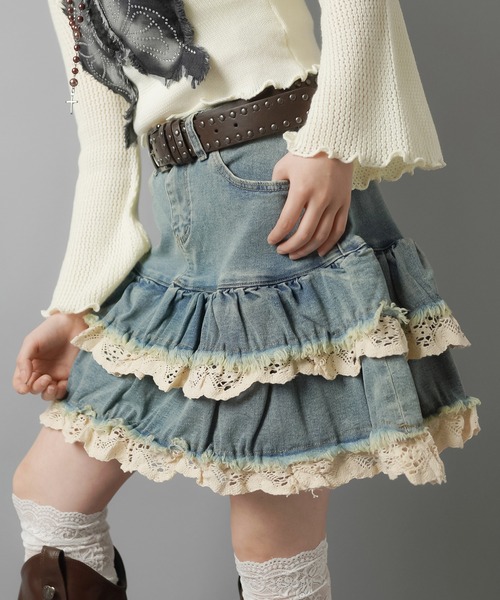 SPINNS（スピンズ）の「デニムティアードミニスカート/レース（デニムスカート・レディース・ブルー/ブラック・ONESIZE）」の6枚目の写真