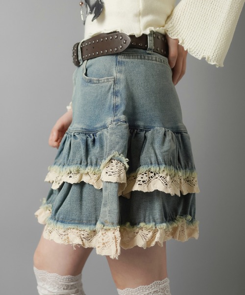 SPINNS（スピンズ）の「デニムティアードミニスカート/レース（デニムスカート・レディース・ブルー/ブラック・ONESIZE）」の7枚目の写真