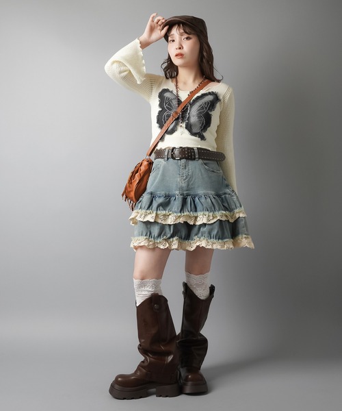 SPINNS（スピンズ）の「デニムティアードミニスカート/レース（デニムスカート・レディース・ブルー/ブラック・ONESIZE）」の3枚目の写真