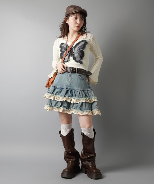 SPINNS（スピンズ）の「デニムティアードミニスカート/レース（デニムスカート・レディース・ブルー/ブラック・ONESIZE）」の11枚目の写真