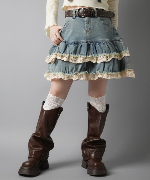 SPINNS（スピンズ）の「デニムティアードミニスカート/レース（デニムスカート・レディース・ブルー/ブラック・ONESIZE）」の8枚目の写真