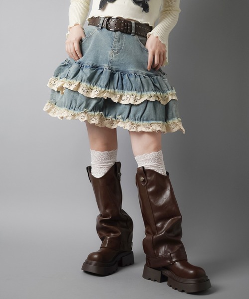 SPINNS（スピンズ）の「デニムティアードミニスカート/レース（デニムスカート・レディース・ブルー/ブラック・ONESIZE）」の9枚目の写真